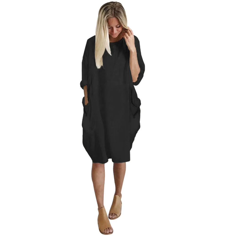 Women's Pocket Loose Crew Neck Casual Long Dress