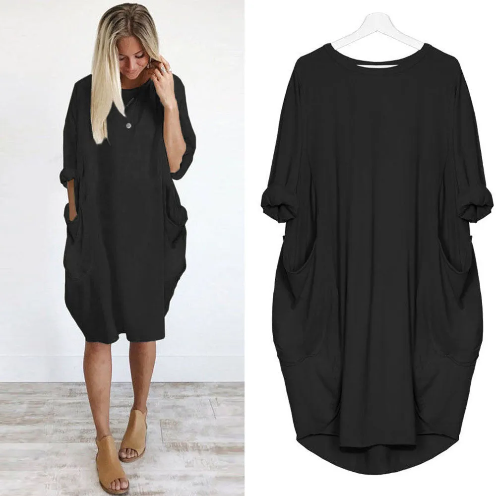 Women's Pocket Loose Crew Neck Casual Long Dress