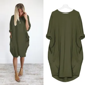 Women's Pocket Loose Crew Neck Casual Long Dress