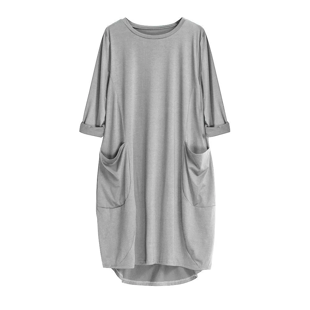 Women's Pocket Loose Crew Neck Casual Long Dress