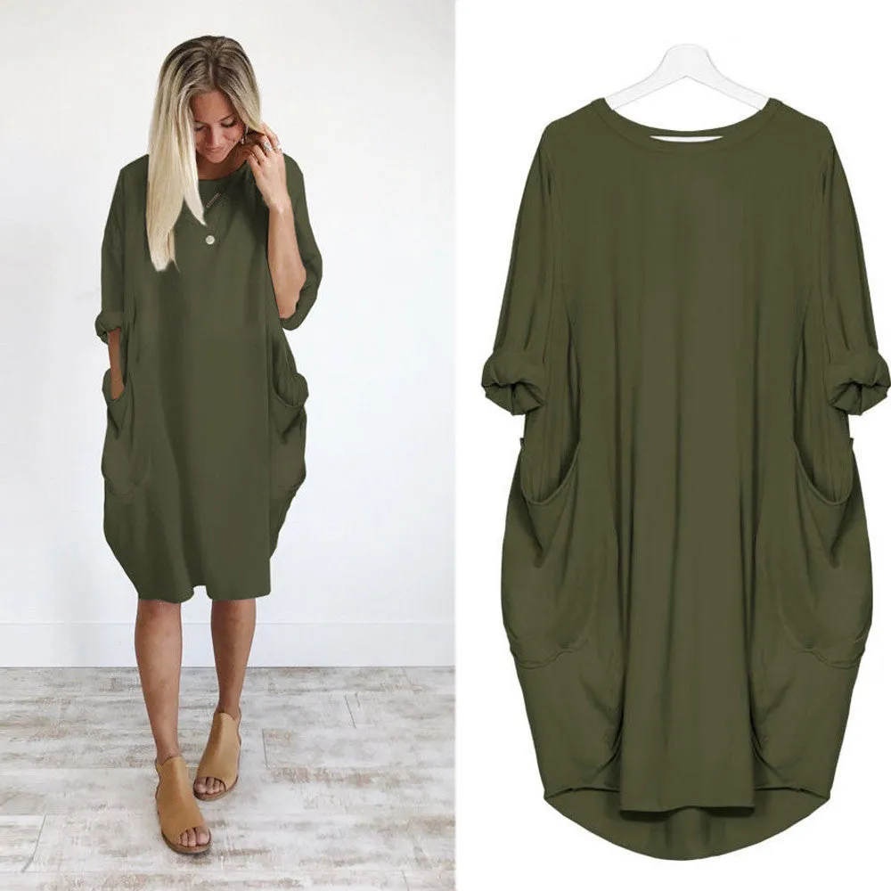 Women's Pocket Loose Crew Neck Casual Long Dress