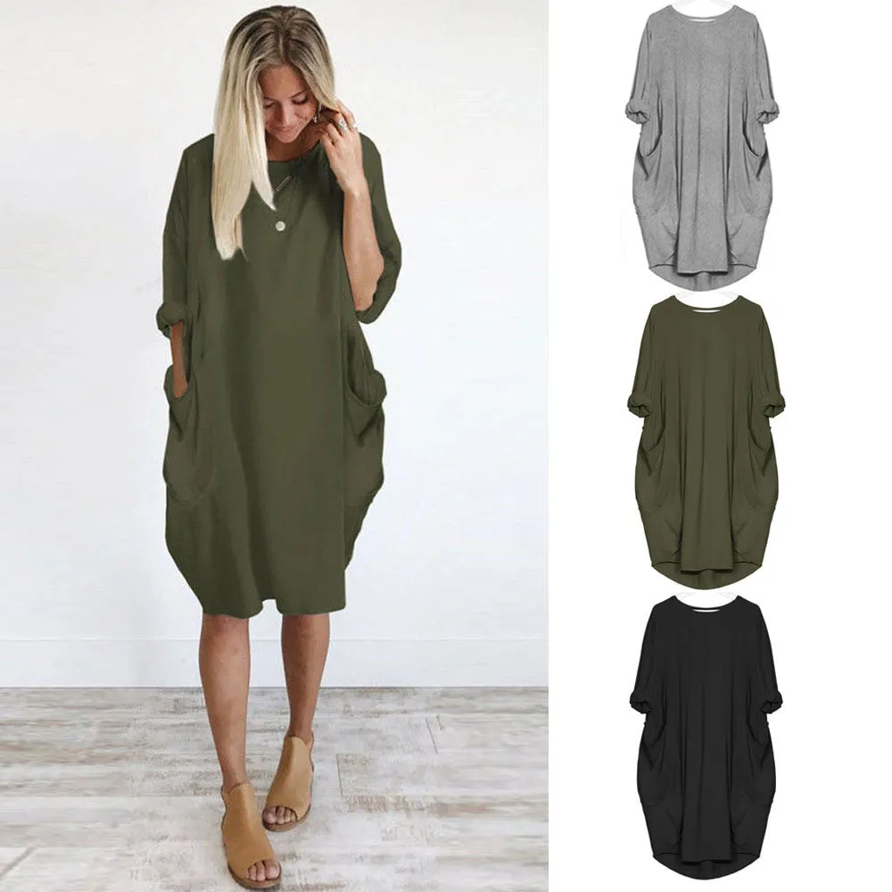 Women's Pocket Loose Crew Neck Casual Long Dress